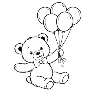 May include: Black and white illustration of a teddy bear holding five balloons. The bear has a bow tie and is sitting down. The balloons are round and tied together.