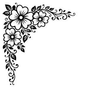 May include: Black and white floral corner design featuring three large flowers, leaves, and swirling vines. The decorative illustration is suitable for various craft projects, invitations, or embellishments.