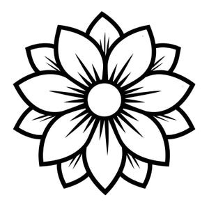 Peut inclure: Illustration florale en noir et blanc. Le motif présente une fleur symétrique avec de multiples pétales, un cercle central et des lignes rayonnantes. Le contour noir audacieux et le remplissage blanc créent un effet visuel saisissant. Parfait pour le design graphique.