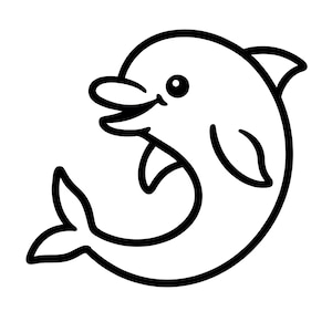 May include: A black and white cartoon illustration of a smiling dolphin. The dolphin is depicted with a curved body, a dorsal fin, and a tail fin. The dolphin has a large, open mouth and a single eye.