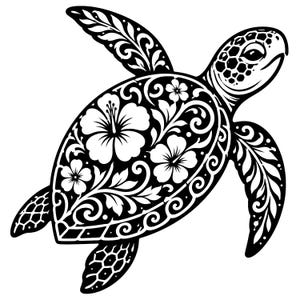 May include: Black and white illustration of a sea turtle with intricate floral and swirl designs. The turtle's shell features hibiscus flowers and detailed patterns. The flippers and head are also decorated with patterns.