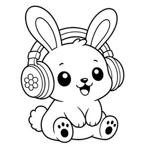 May include: Black and white cartoon illustration of a bunny wearing headphones. The bunny has large eyes, a smiling mouth, and a flower design on the headphones. The bunny is sitting with its paws in front.