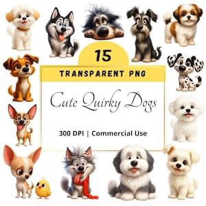 Schattige eigenzinnige hond clipart 15 hoge resolutie png voor ongewenste journaling, scrapbooking, kaarten maken, digitale downloadkit, fantasie, grillig