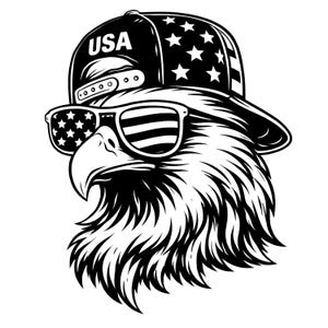 Könnte beinhalten: Schwarz-Weiß-Illustration eines Adlers mit Baseballkappe und Sonnenbrille. Die Kappe trägt den Schriftzug "USA" und Sterne. Die Sonnenbrille hat ein Sternen- und Streifen-Design.
