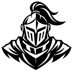 Op de afbeelding: Een zwart-witte grafische illustratie van een ridder die een helm met vizier en een paardenstaartkam draagt. Het ontwerp bevat gedurfde lijnen en een hoog contrast, en toont het hoofd en de schouders van de gepantserde figuur in een stijl.