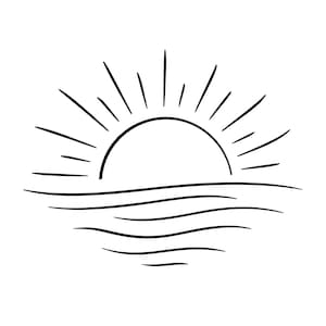 Könnte beinhalten: Eine Schwarz-Weiß-Strichzeichnung eines Sonnenaufgangs über dem Meer. Die Sonne ist ein Halbkreis mit Strahlen, und das Meer wird durch mehrere horizontale, gekrümmte Linien dargestellt.