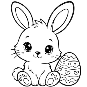 May include: A black and white illustration of a cute bunny sitting next to a decorated Easter egg. The bunny has large eyes, long ears, and whiskers. The egg is adorned with hearts and other decorative patterns.