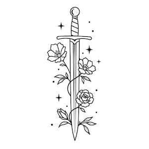 May include: A black and white line art illustration of a straight sword entwined with flowering vines. The sword features a pommel, crossguard, and pointed blade. Three open flowers and one bud are depicted along the blade, surrounded by small stars.