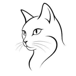 Könnte beinhalten: Schwarz-weiße Strichzeichnung eines Katzenkopfes im Profil. Die Katze hat spitze Ohren, detaillierte Augen und Schnurrhaare. Das Bild ist eine einfache, elegante Illustration, perfekt für Katzenliebhaber.