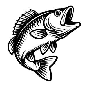 以下が含まれることがあります： 口を開けて跳ねる魚の白黒イラスト。ひれと鱗が詳細に描かれています。大胆なグラフィックスタイルで、釣り関連の商品に最適です。