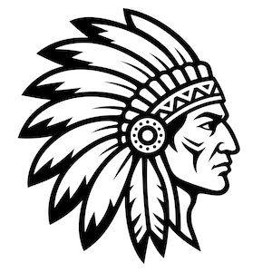 May include: A black and white graphic illustration of a person in profile wearing a traditional feathered headdress. The design features bold lines, a patterned headband, and a circular side ornament, presented as a high-contrast vector style icon.