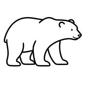 May include: A black and white line drawing of a polar bear in profile. The bear is depicted walking to the right. It has a rounded body, small ears, and a small black nose, all outlined in black.