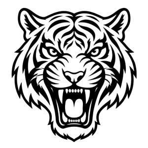 Puede incluir: Una ilustración gráfica en blanco y negro de una cabeza de tigre mirando al frente. El tigre tiene una expresión feroz con la boca abierta, mostrando dientes afilados y la lengua. El diseño presenta líneas negras gruesas y marcadas.