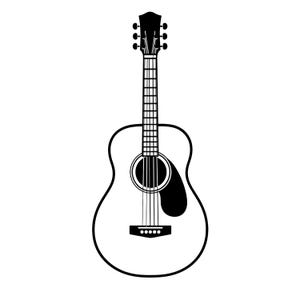 Op de afbeelding: Zwart-wit illustratie van een akoestische gitaar. De gitaar heeft een afgeronde body, een klankgat en een zwarte slagplaat. De hals heeft frets en de kop heeft stemknoppen. De snaren zijn zichtbaar en het ontwerp is eenvoudig en elegant.