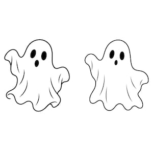 May include: Two identical white ghost illustrations with black outlines. Each ghost features two oval black eyes and a small oval black mouth, with wavy, flowing fabric-like edges at the bottom and two outstretched arms on either side.