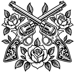 Puede incluir: Una ilustración gráfica en blanco y negro que presenta dos revólveres cruzados colocados detrás de tres rosas en flor con hojas detalladas. Los revólveres muestran intrincados patrones de volutas en las empuñaduras en un estilo audaz.