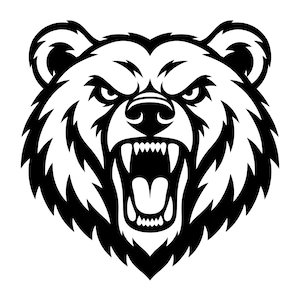 Puede incluir: Una ilustración gráfica en blanco y negro de una cabeza de oso. El oso se muestra con una expresión feroz, con los dientes al descubierto y la boca abierta. El diseño presenta líneas gruesas y marcadas con un alto contraste visual.