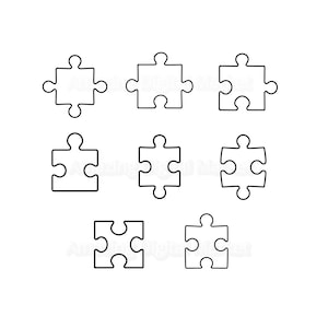 Może przedstawiać: Siedem czarno-białych elementów układanki ułożonych w okrąg. Każdy element ma unikalny kształt, z zazębiającymi się zakładkami i gniazdami. Elementy są obrysowane na białym tle, tworząc prosty, czysty design.