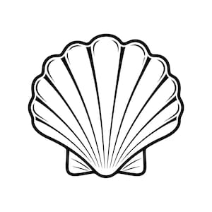 May include: A black and white illustration of a scallop seashell. The shell has a scalloped edge and radiating lines, creating a fan-like pattern. The design is simple and elegant, suitable for coastal or nautical themes.