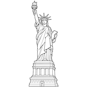 May include: Line drawing of the Statue of Liberty, a neoclassical sculpture on Liberty Island in New York City. The statue is depicted in a standing pose, holding a torch in her raised right hand and a tablet in her left hand.