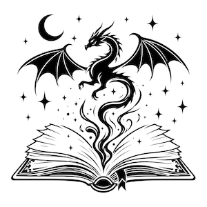 Puede incluir: Una ilustración gráfica en blanco y negro de un libro abierto con un dragón emergiendo de las páginas. El dragón tiene alas grandes y una cola larga que se enrosca hacia arriba. Una luna creciente y varias estrellas rodean al dragón.