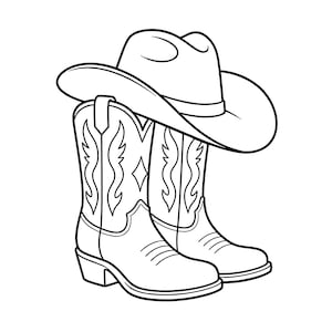 Puede incluir: Una ilustración de arte lineal en blanco y negro que muestra un par de botas altas con costuras decorativas en la caña y un sombrero de ala ancha descansando sobre ellas. El diseño utiliza contornos limpios para definir las formas de los objetos.