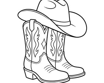 Cowboy Boots SVG, Western Hat Outline, Cowgirl Line Art, Cowboy Clipart, Cricut Cut File