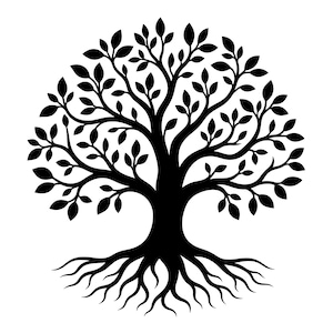 May include: A black silhouette graphic of a tree featuring a thick central trunk, expansive branches reaching outward, and numerous small leaves. The design includes a detailed root system spreading horizontally at the base of the tree.