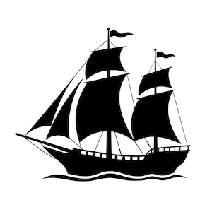 May include: A black silhouette graphic of a two-masted sailing ship with full sails, rigging, and flags on the masts. The vessel is depicted floating on a stylized wave pattern, showing a detailed hull, bowsprit, and multiple sails in profile.