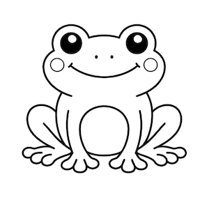 May include: A black and white cartoon illustration of a frog. The frog has large, round eyes, a smiling mouth, and is sitting with its legs spread out. The frog is a simple, line-art style drawing.