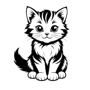 Puede incluir: Ilustración en blanco y negro de un lindo gatito. El gatito está sentado erguido con ojos grandes y redondos, bigotes y un pecho esponjoso. El diseño es simple y de dibujos animados, centrándose en las adorables características del gato.