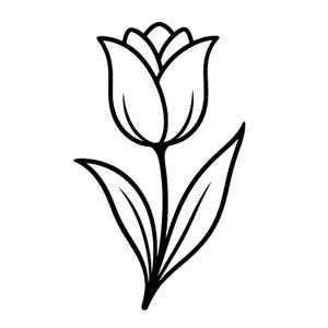 Könnte beinhalten: Eine Schwarz-Weiß-Strichzeichnung einer Tulpenblume. Die Tulpe hat eine detaillierte Umrisszeichnung von Blütenblättern, Blättern und Stiel. Die Blätter sind lang und spitz, und der Stiel ist schlank.