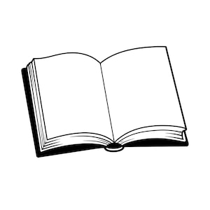 Puede incluir: Ilustración en blanco y negro de un libro abierto. Las páginas interiores son blancas y están en blanco. La encuadernación y los bordes del libro son negros, creando un fuerte contraste. Vista desde arriba.