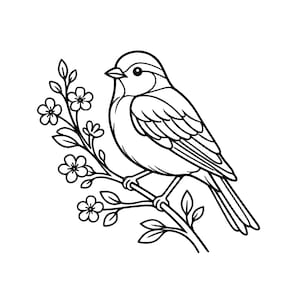 Puede incluir: Ilustración en blanco y negro de un pájaro posado en una rama florecida. El pájaro tiene alas detalladas y un pico pequeño. La rama presenta hojas y varias flores pequeñas de cinco pétalos, creando una ilustración con temática de la naturaleza.