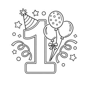 Può includere: Illustrazione in bianco e nero del numero uno con cappello da festa, palloncini, stelle, coriandoli e nastri. I palloncini sono legati con un fiocco. Adatto per una festa di primo compleanno.