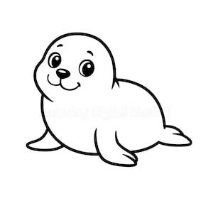 May include: A black and white cartoon illustration of a seal pup. The seal is smiling with large, round eyes and flippers. The image is a simple, clean design, perfect for children's products or educational materials.