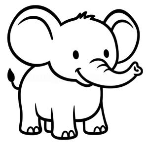 May include: A black and white cartoon illustration of a smiling elephant with large ears and a raised trunk. The elephant has a small tail and is standing on four legs. The image is a simple, line-art style.