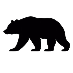 Könnte beinhalten: Schwarze Silhouette eines Bären, der nach rechts geht. Der Bär wird im Profil dargestellt, wobei alle vier Pfoten sichtbar sind. Das Fell des Bären ist glatt und das Bild ist vor einem weißen Hintergrund.