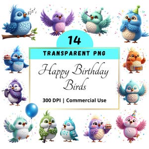 14 PNG Cute Happy Birthday Birds, Cartoon Birds Clipart Bundle for celebrate, Transparent Background, Commercial use