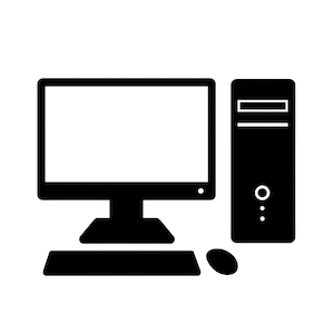 May include: A black and white computer icon featuring a desktop monitor, a vertical tower case, a keyboard, and a mouse. The design uses solid black shapes to represent the hardware components, with a blank white screen area on the monitor.