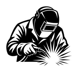 May include: Black and white illustration of a welder wearing a protective helmet and jacket. The welder is holding a welding torch, with sparks emanating from the tip. The image is a graphic representation of a welding process.