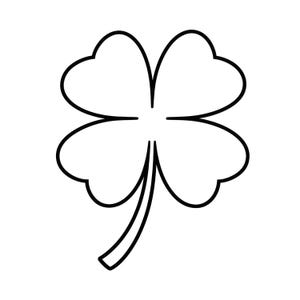 Puede incluir: Un contorno en blanco y negro de un trébol de cuatro hojas. El trébol tiene cuatro hojas en forma de corazón y un tallo curvo. La imagen es una ilustración gráfica simple, a menudo asociada con el Día de San Patricio y la buena suerte.