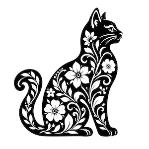 Puede incluir: Ilustración en blanco y negro de un gato sentado. La silueta del gato está llena de patrones florales y de hojas. El gato tiene una cola curvada y mira hacia la derecha, con la cabeza de perfil.