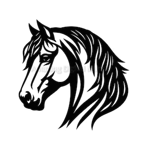 May include: A black and white graphic of a horse's head, showcasing the profile of the animal. The mane and facial features are detailed with bold lines, creating a striking silhouette. The image is set against a plain white background.