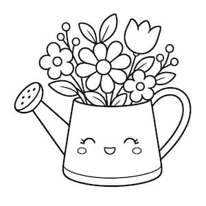 May include: A black and white illustration of a watering can filled with flowers. The watering can has a smiling face. The flowers include daisies, a tulip, and other floral elements. The image is a line drawing.