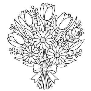 Könnte beinhalten: Eine Schwarz-Weiß-Strichzeichnung eines Blumenstraußes. Der Strauß enthält Tulpen, Gänseblümchen und kleine Akzentblüten, die alle mit einem Band zusammengebunden sind. Das Bild ist eine detaillierte Illustration.
