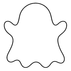 Op de afbeelding: Een eenvoudige zwart-wit lijntekening van een spookvorm. De afbeelding bestaat uit een doorlopende zwarte omtrek die een afgerond hoofd, twee uitgestrekte armen en een golvende onderrand vormt, alles tegen een effen witte achtergrond.