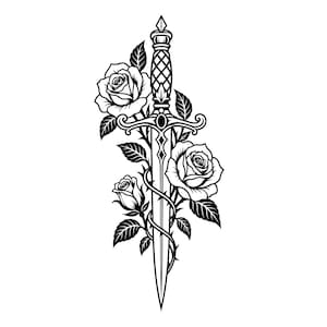 Puede incluir: Una ilustración gráfica en blanco y negro de una daga afilada colocada verticalmente. El mango presenta un patrón de rejilla y la hoja está entrelazada con tallos de rosas espinosas, con tres rosas en flor y varias hojas detalladas.