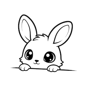 Puede incluir: Ilustración de dibujos animados en blanco y negro de un conejito asomándose por encima de una línea. El conejito tiene ojos grandes y expresivos, orejas largas y patitas pequeñas. Diseño sencillo y limpio.