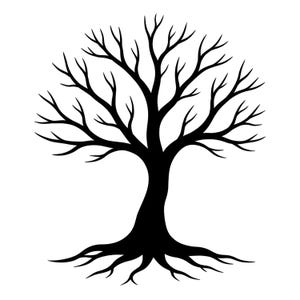 May include: A black silhouette of a tree with bare branches and roots, set against a white background. The tree's trunk curves gracefully, and the roots spread out at the base.